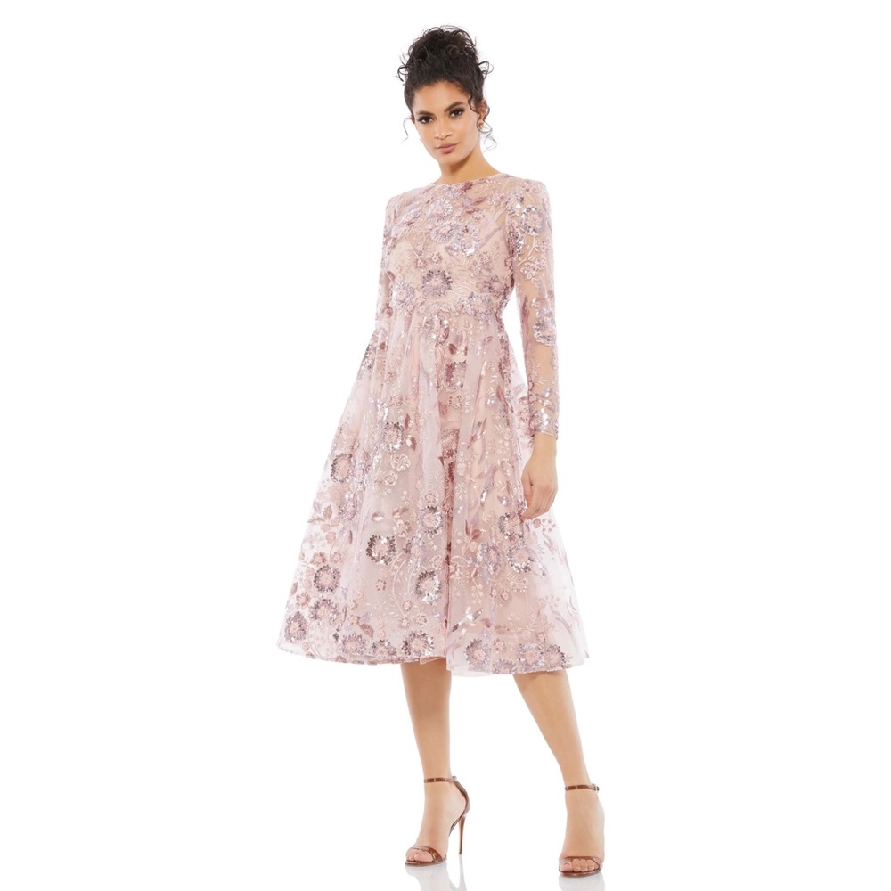 Mac Duggal Floral Embellished A-line Mesh Dress In Rose pink NWT $498